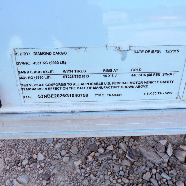 Pre-Owned 2016 Diamond-C 8x20 Cargo Trailer 9990# GVWR