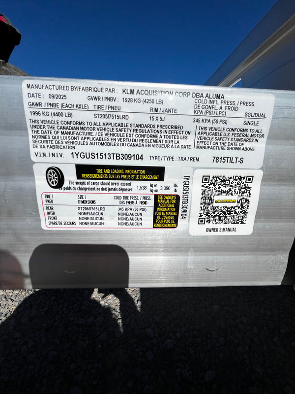 2026 Aluma 78"x15' Tilt GVWR 4250 (7815TILT-S-EL)