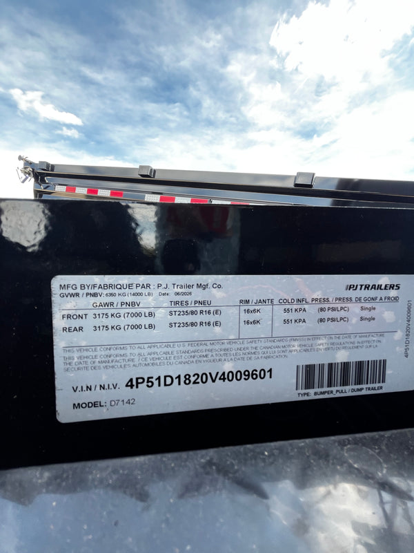 2027 PJ 7X14 D7 DUMP 14000# GVWR