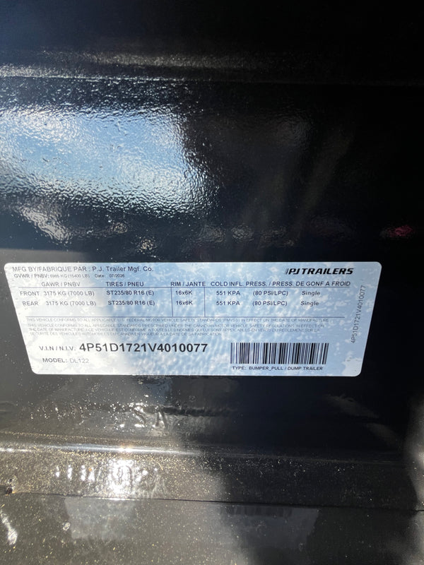 2027 PJ 7X12 DL DUMP 15400# GVWR
