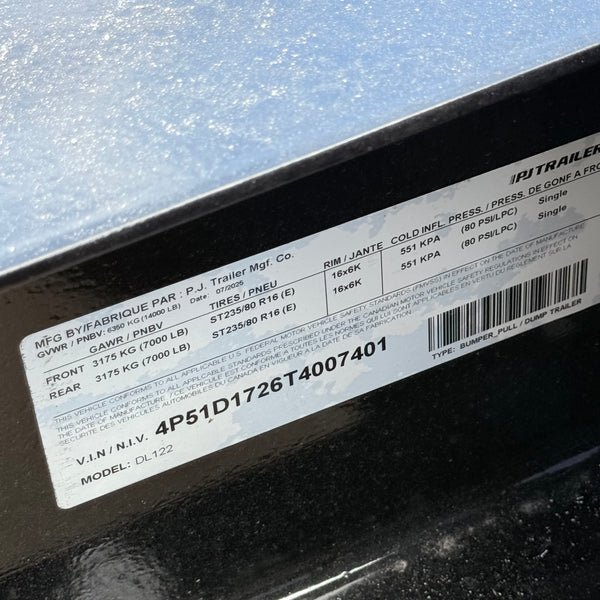 2026 PJ 7x12 Tandem Dump 14K GVWR (DL)