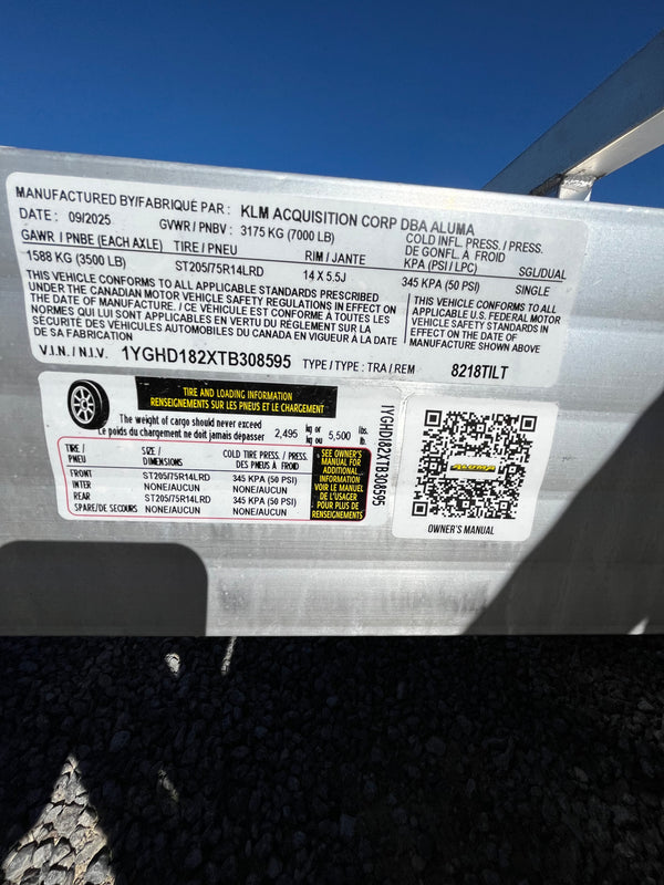 2026 Aluma 82"X18' TILT GVWR 7000 (8218TILT-TA-EL-RTD)